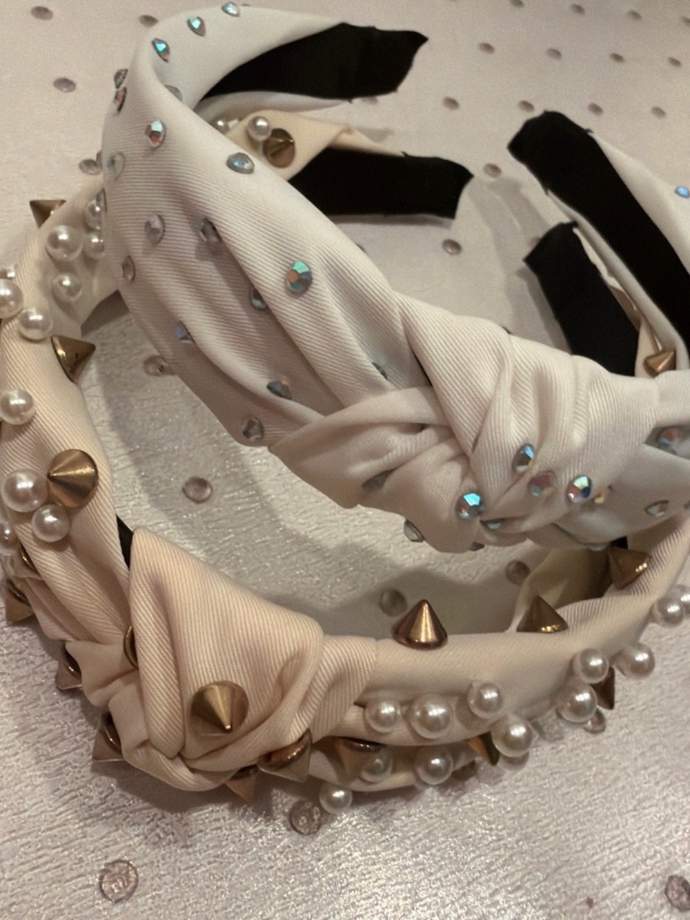Embellished Pearl & Spike Knot Headband - Cream/White